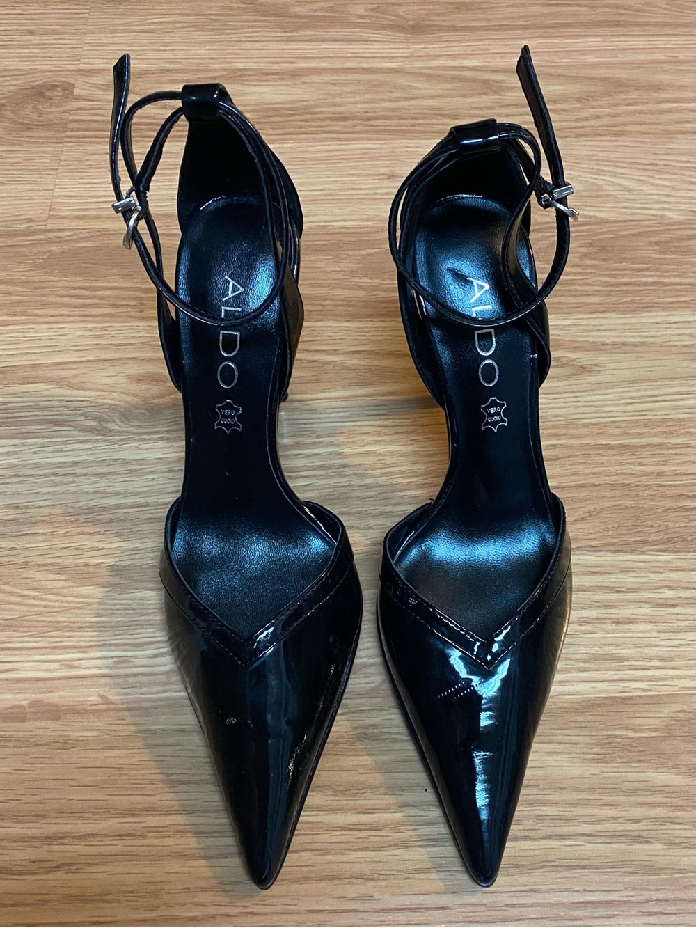 Brand New - ALDO Women's Black Patent Pointed-Toe Ankle-Strap Heels